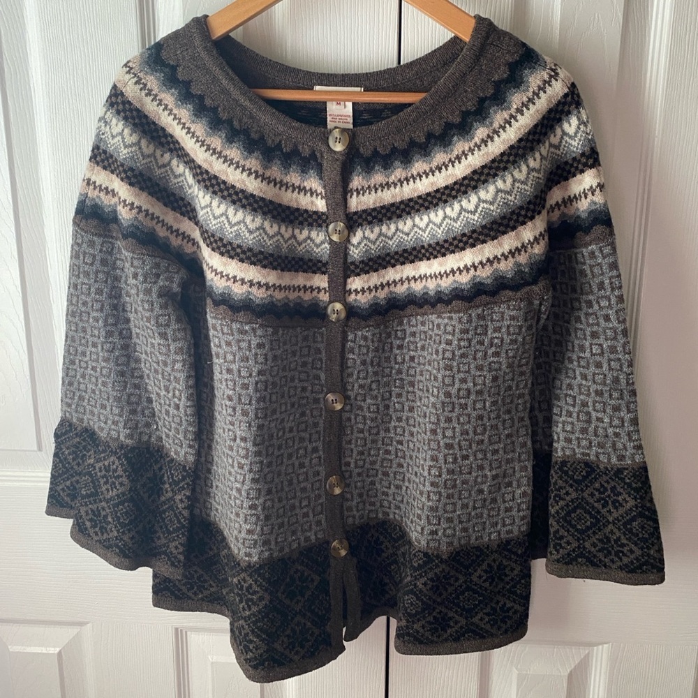 sundance Fair Isle Nordic 100% Lambswool Bell Sleeve Button Front Cardigan SZ M
